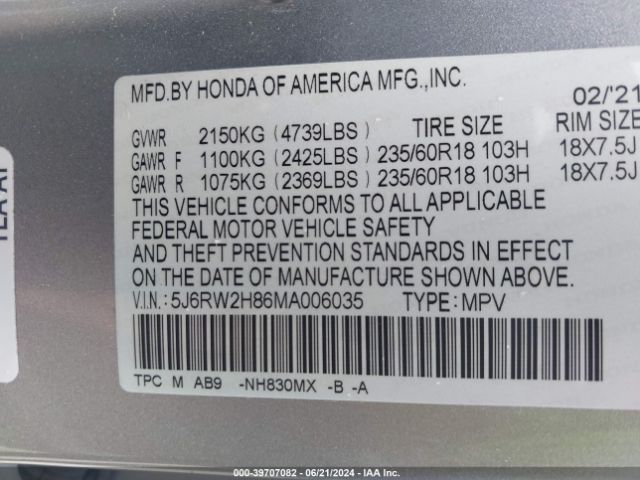 Photo 8 VIN: 5J6RW2H86MA006035 - HONDA CR-V 