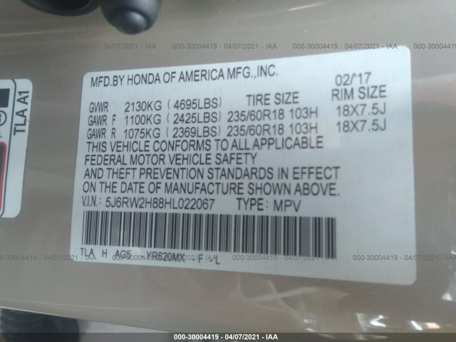 Photo 8 VIN: 5J6RW2H88HL022067 - HONDA CR-V 