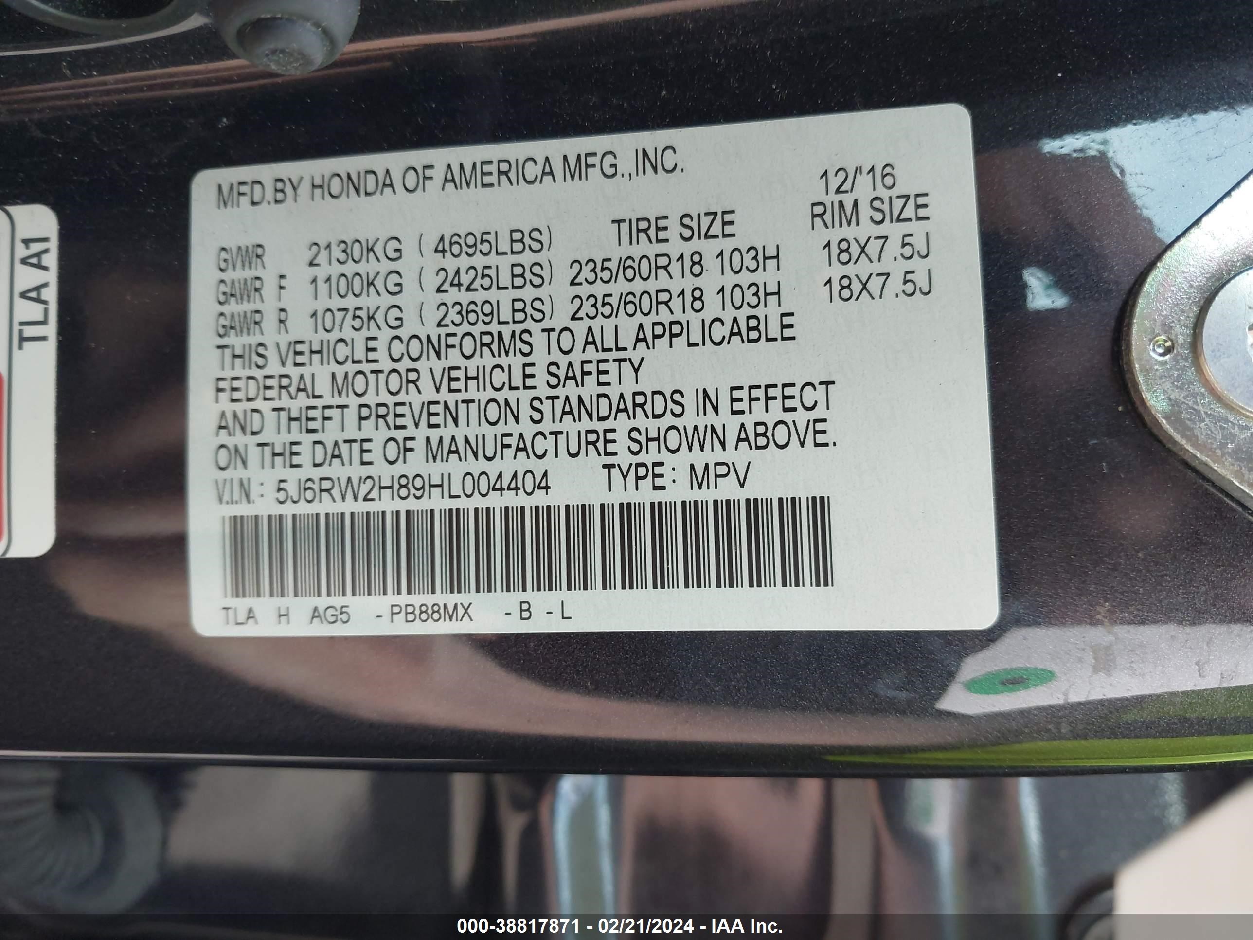 Photo 8 VIN: 5J6RW2H89HL004404 - HONDA CR-V 