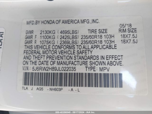 Photo 8 VIN: 5J6RW2H89JL022035 - HONDA CR-V 