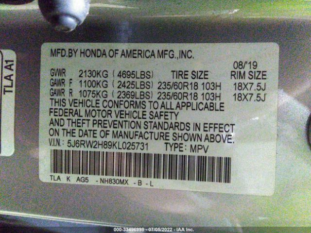 Photo 8 VIN: 5J6RW2H89KL025731 - HONDA CR-V 