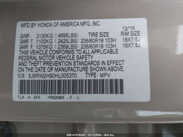 Photo 8 VIN: 5J6RW2H90HL005370 - HONDA CR-V 