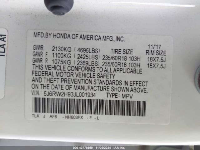 Photo 8 VIN: 5J6RW2H93JL001934 - HONDA CR-V 