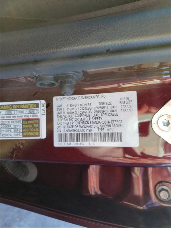 Photo 9 VIN: 5J6RW5H33JL001199 - HONDA CR-V LX 