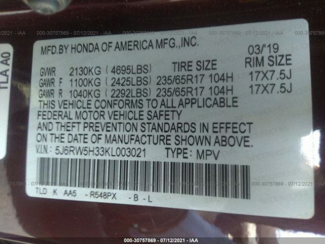 Photo 8 VIN: 5J6RW5H33KL003021 - HONDA CR-V 