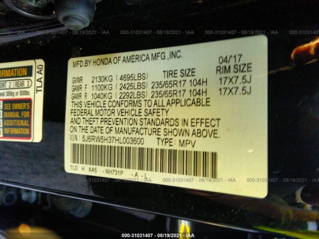 Photo 8 VIN: 5J6RW5H37HL003600 - HONDA CR-V 