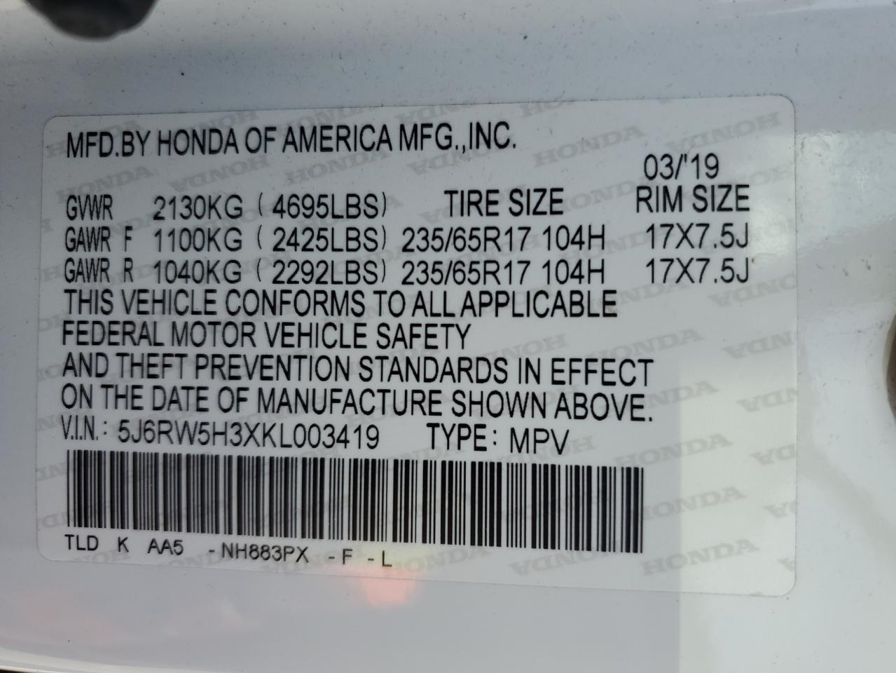 Photo 13 VIN: 5J6RW5H3XKL003419 - HONDA CR-V 