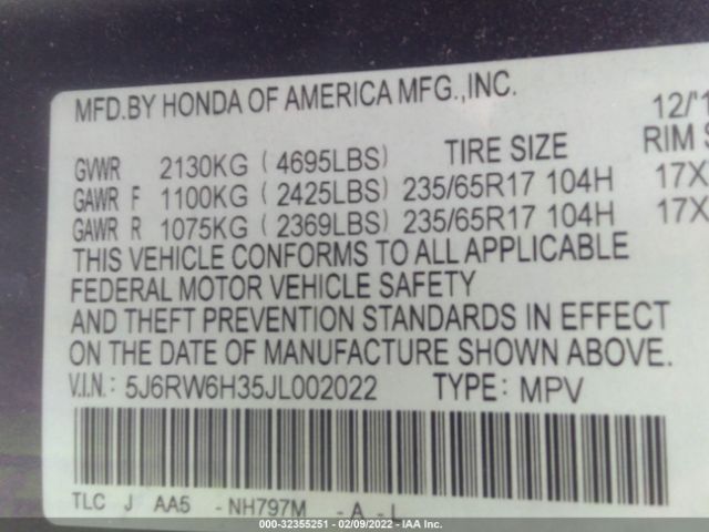 Photo 8 VIN: 5J6RW6H35JL002022 - HONDA CR-V 