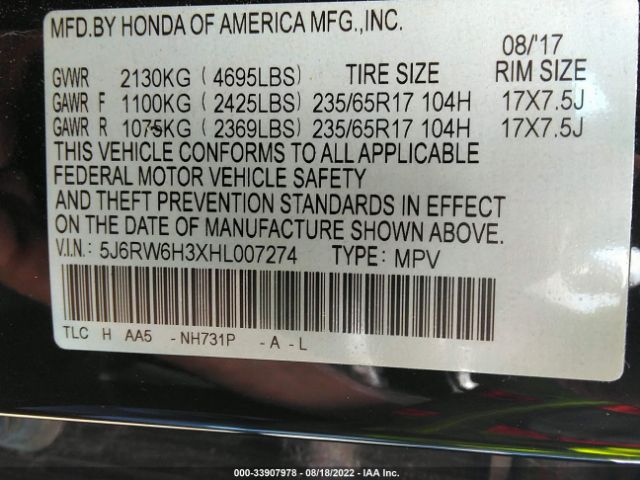 Photo 8 VIN: 5J6RW6H3XHL007274 - HONDA CR-V 