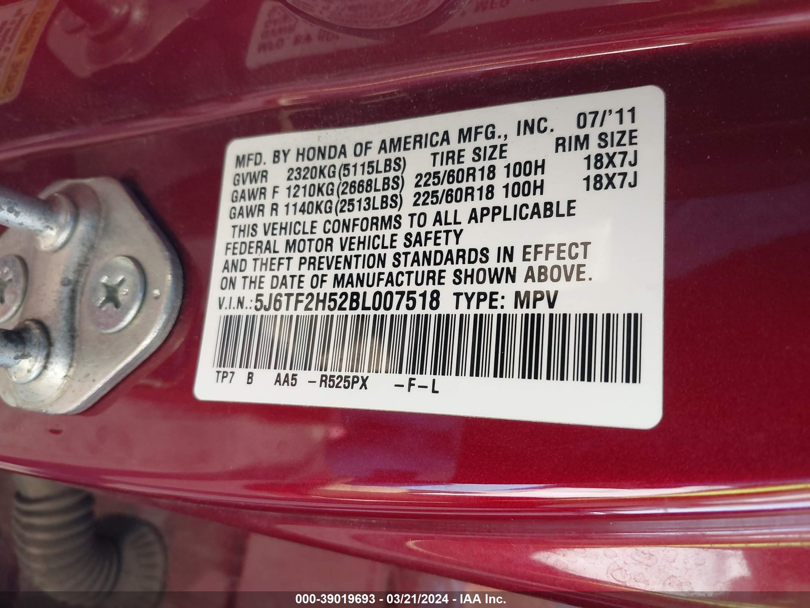 Photo 8 VIN: 5J6TF2H52BL007518 - HONDA ACCORD 