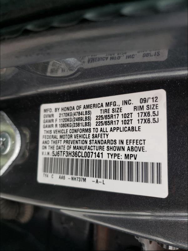 Photo 9 VIN: 5J6TF3H36CL007141 - HONDA CROSSTOUR 