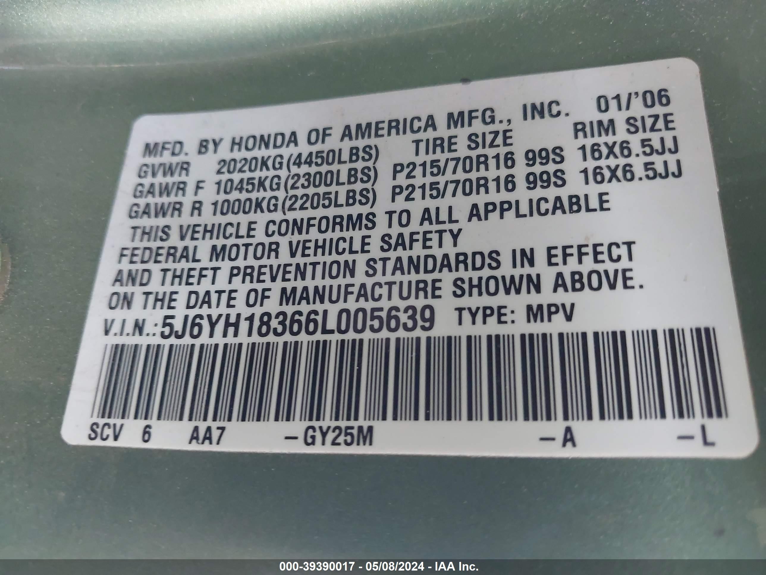 Photo 8 VIN: 5J6YH18366L005639 - HONDA ELEMENT 