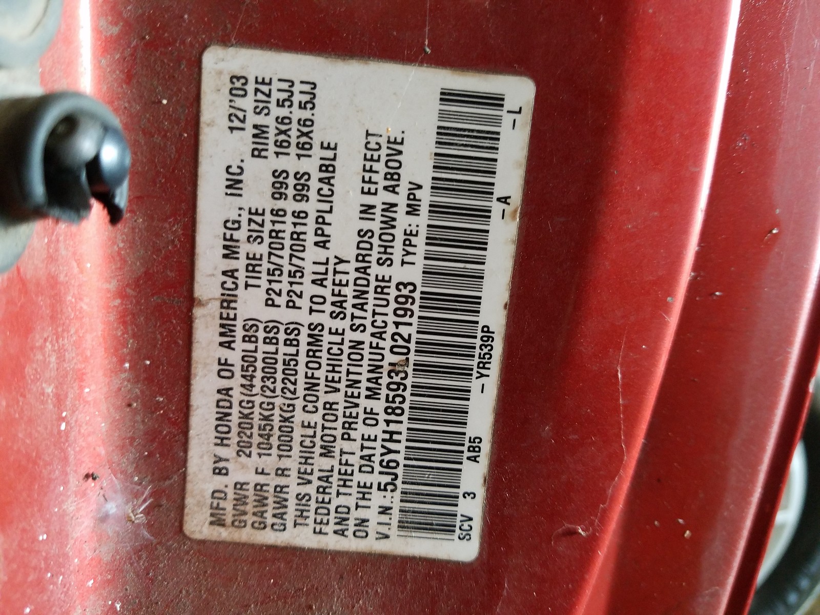 Photo 9 VIN: 5J6YH18593L021993 - HONDA ELEMENT EX 