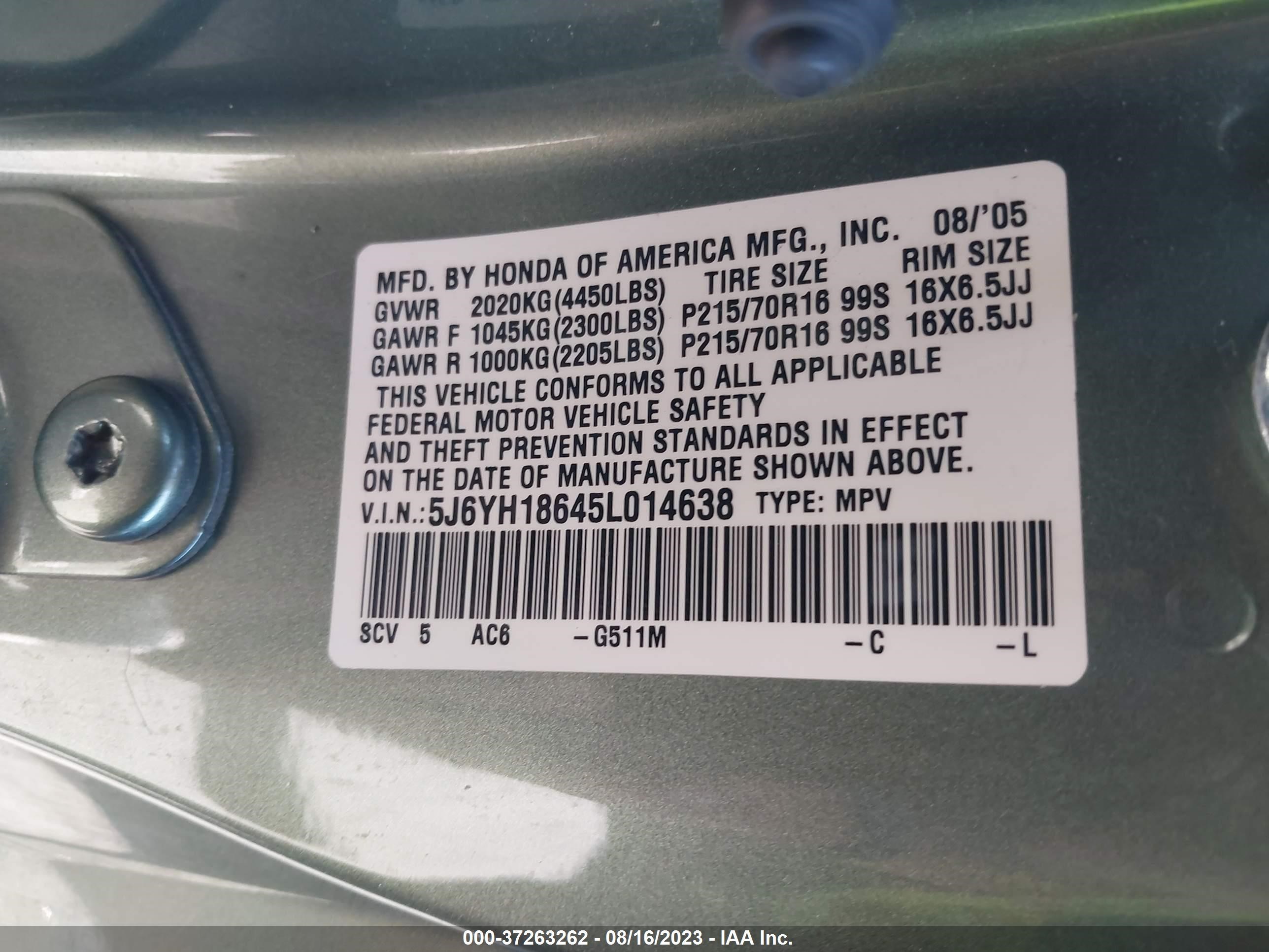 Photo 8 VIN: 5J6YH18645L014638 - HONDA ELEMENT 