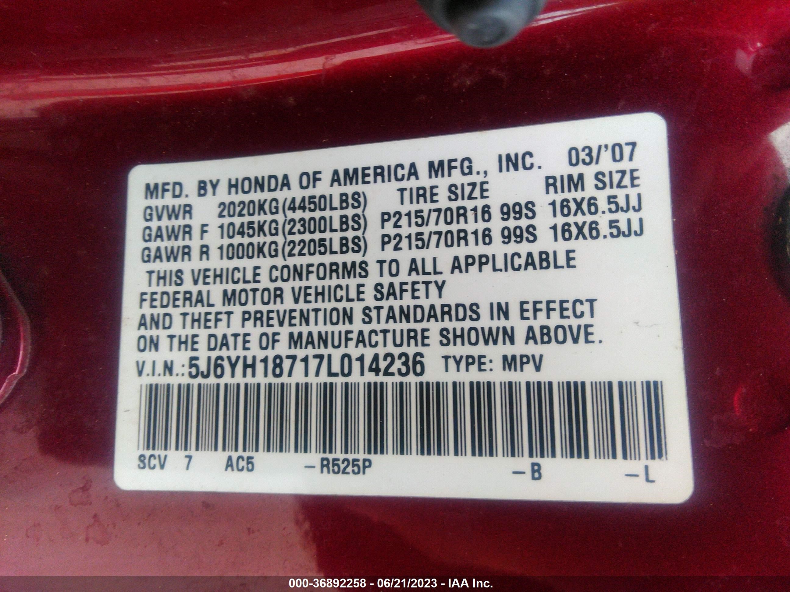 Photo 8 VIN: 5J6YH18717L014236 - HONDA ELEMENT 