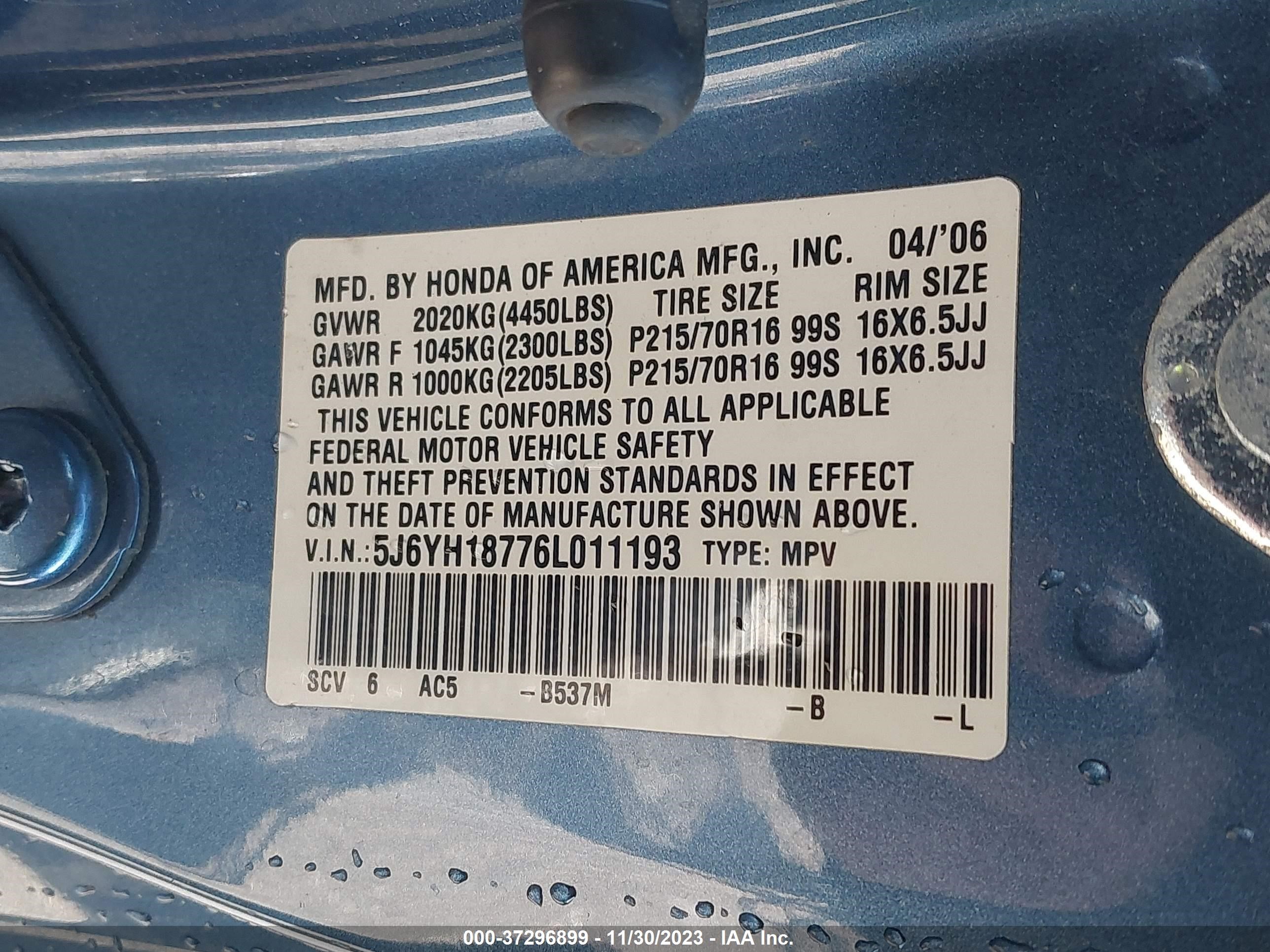 Photo 8 VIN: 5J6YH18776L011193 - HONDA ELEMENT 