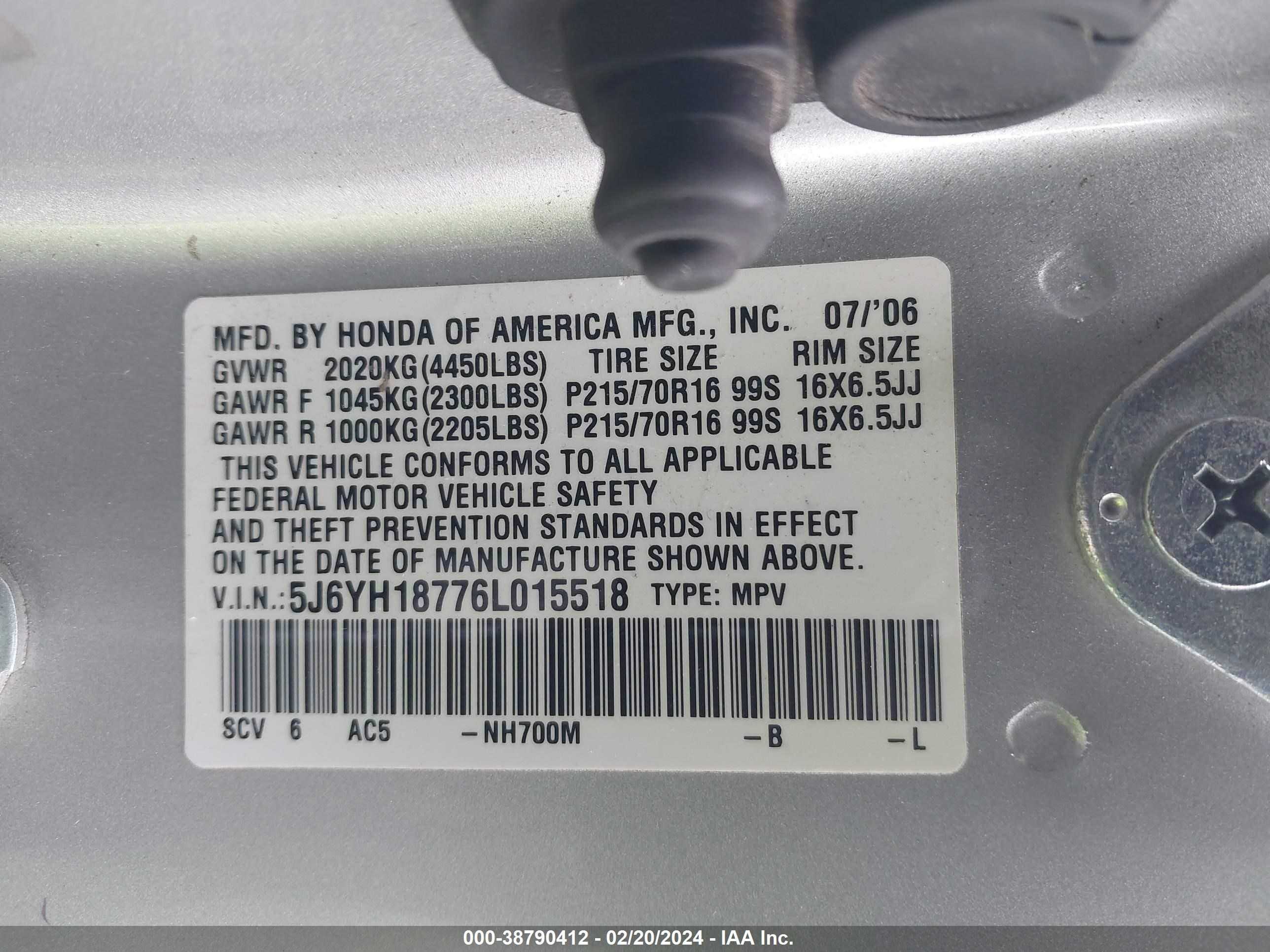 Photo 8 VIN: 5J6YH18776L015518 - HONDA ELEMENT 