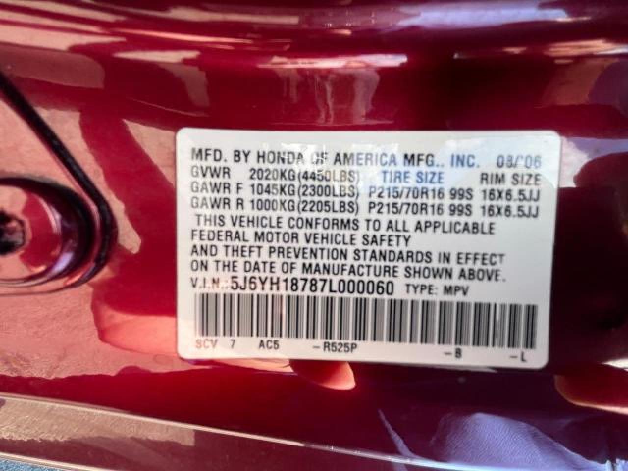 Photo 9 VIN: 5J6YH18787L000060 - HONDA ELEMENT EX 