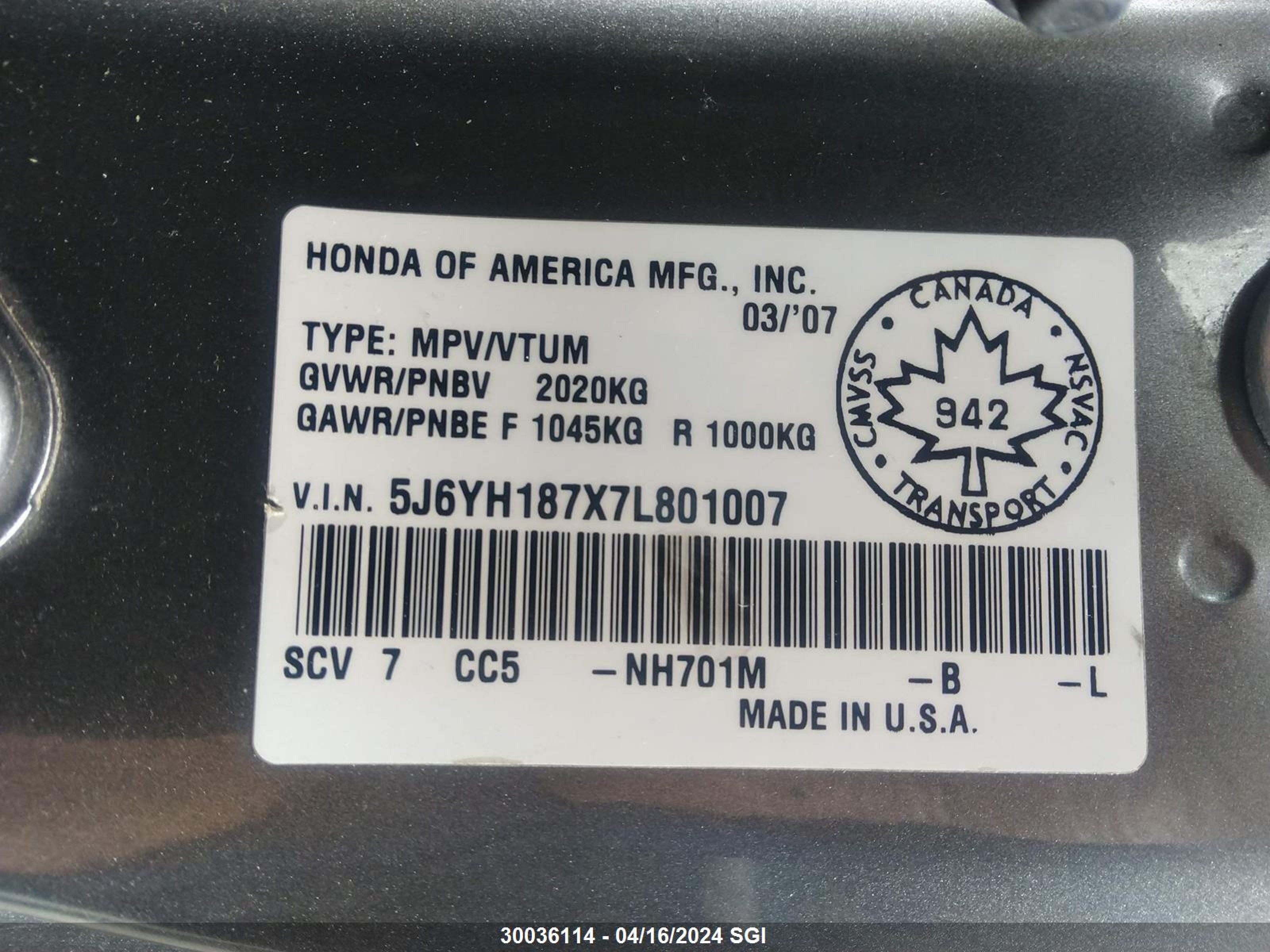 Photo 8 VIN: 5J6YH187X7L801007 - HONDA ELEMENT 