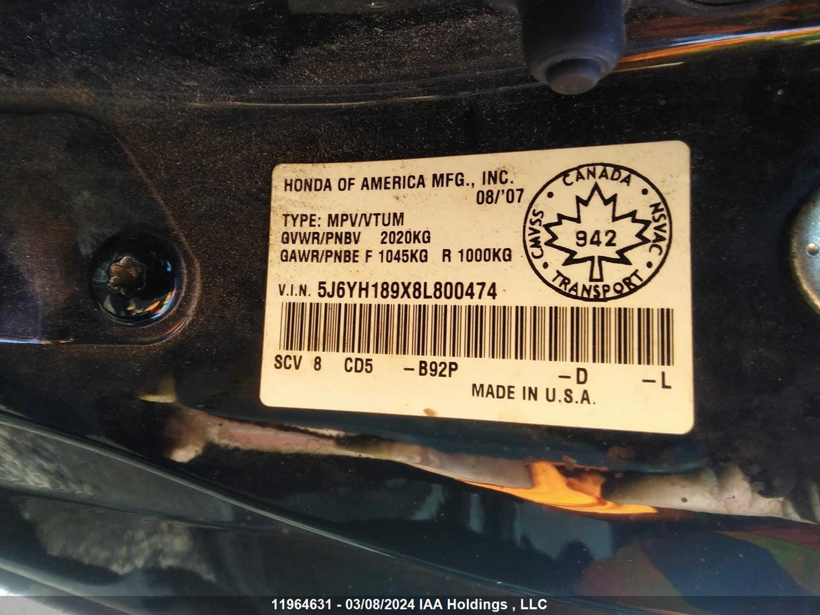 Photo 8 VIN: 5J6YH189X8L800474 - HONDA ELEMENT 