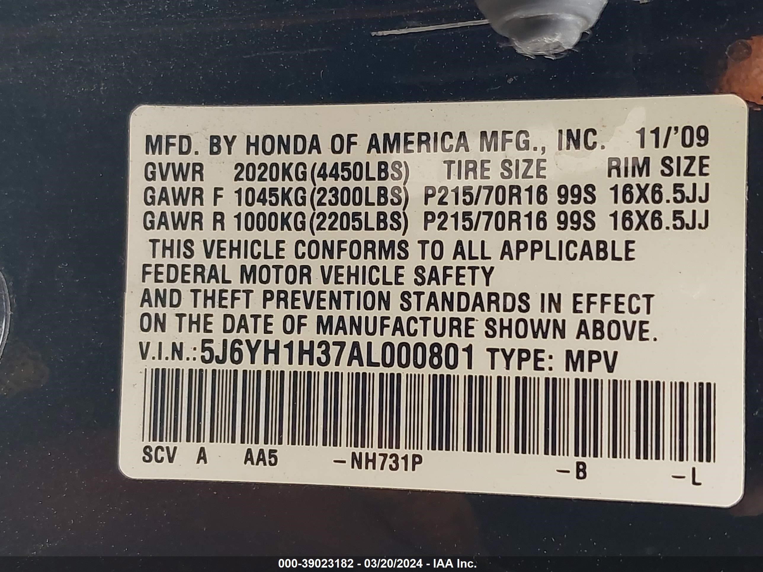 Photo 8 VIN: 5J6YH1H37AL000801 - HONDA ELEMENT 