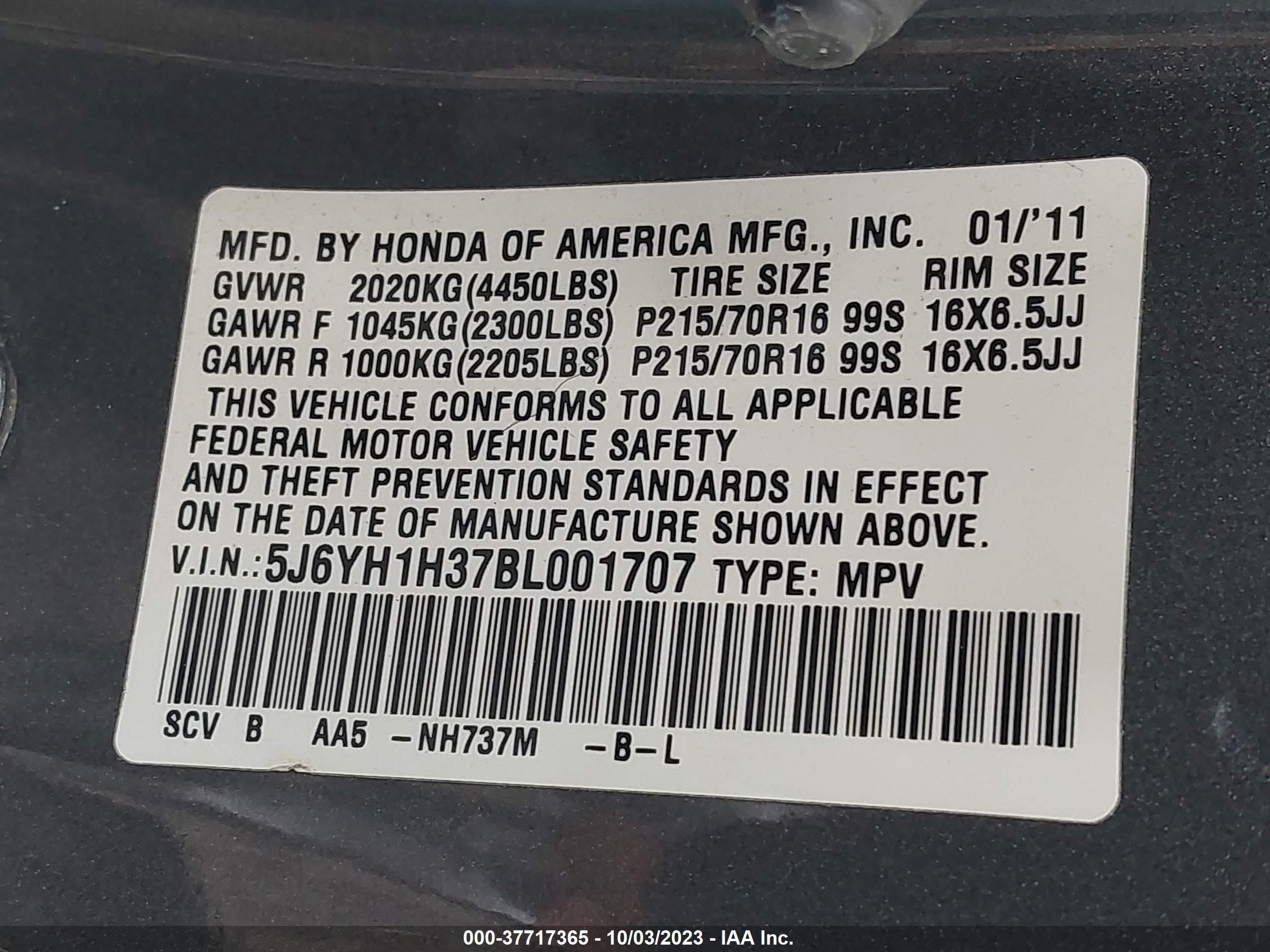 Photo 8 VIN: 5J6YH1H37BL001707 - HONDA ELEMENT 