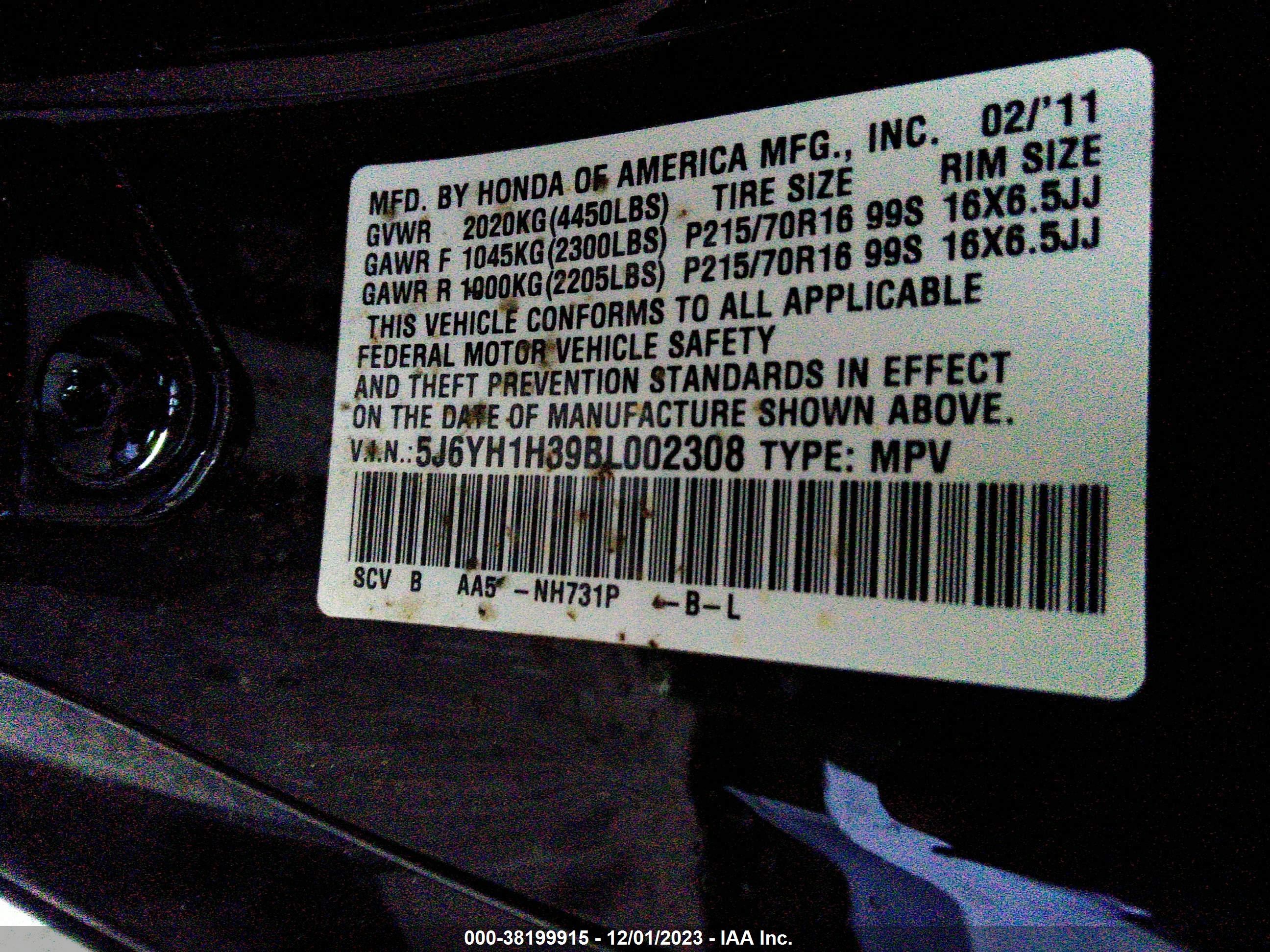 Photo 8 VIN: 5J6YH1H39BL002308 - HONDA ELEMENT 