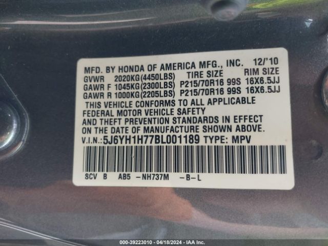 Photo 8 VIN: 5J6YH1H77BL001189 - HONDA ELEMENT 