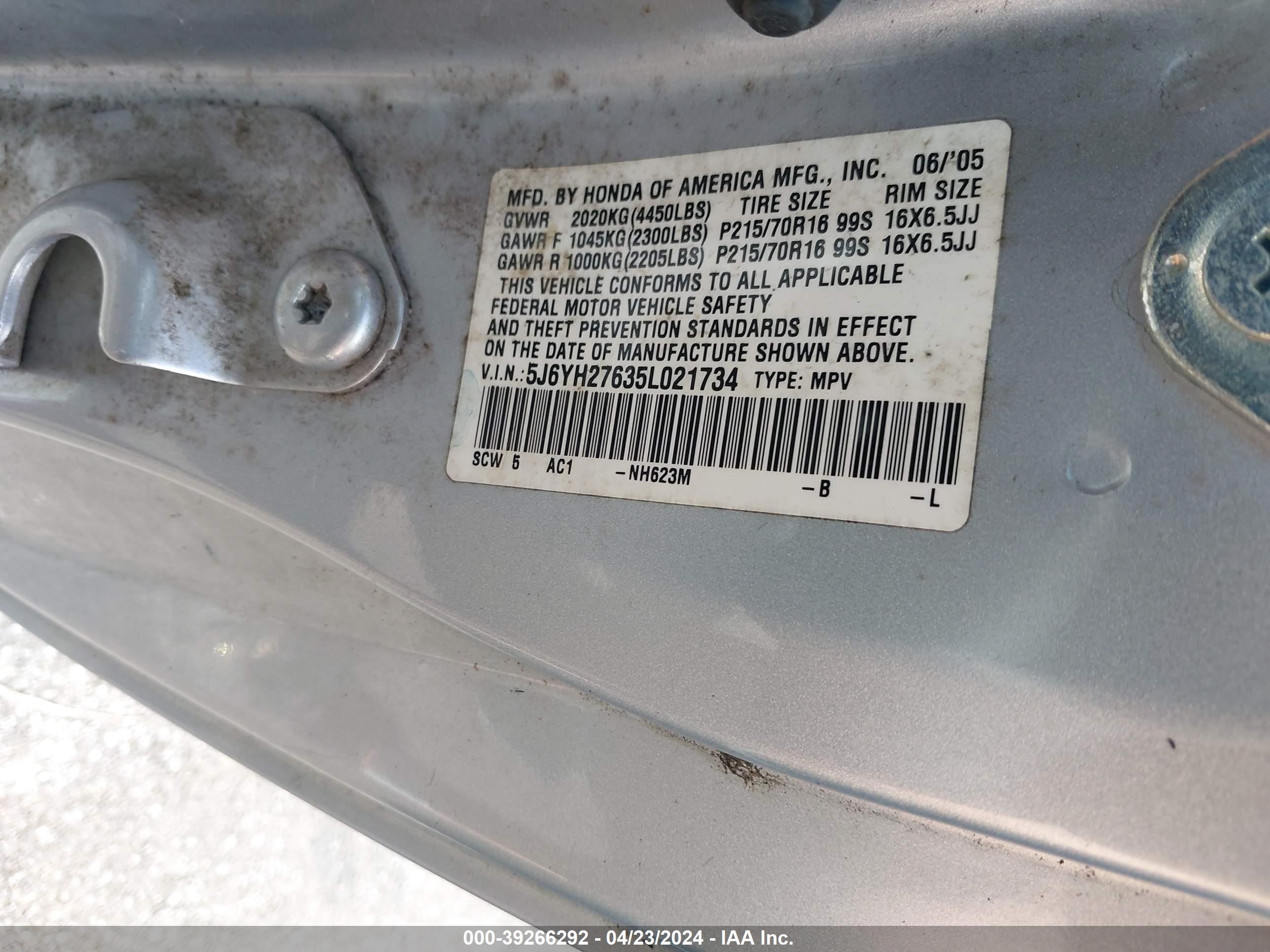 Photo 8 VIN: 5J6YH27635L021734 - HONDA ELEMENT 