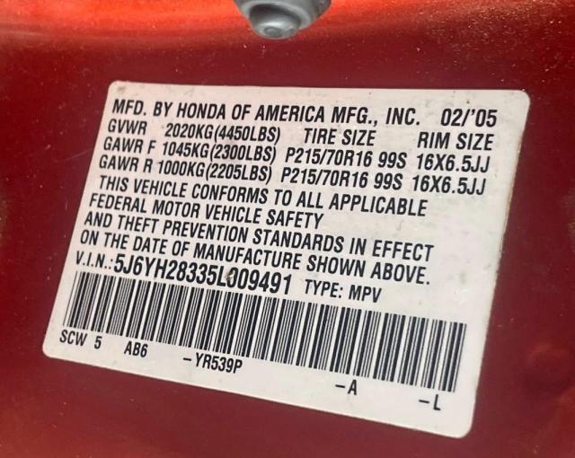 Photo 9 VIN: 5J6YH28335L009491 - HONDA ELEMENT LX 