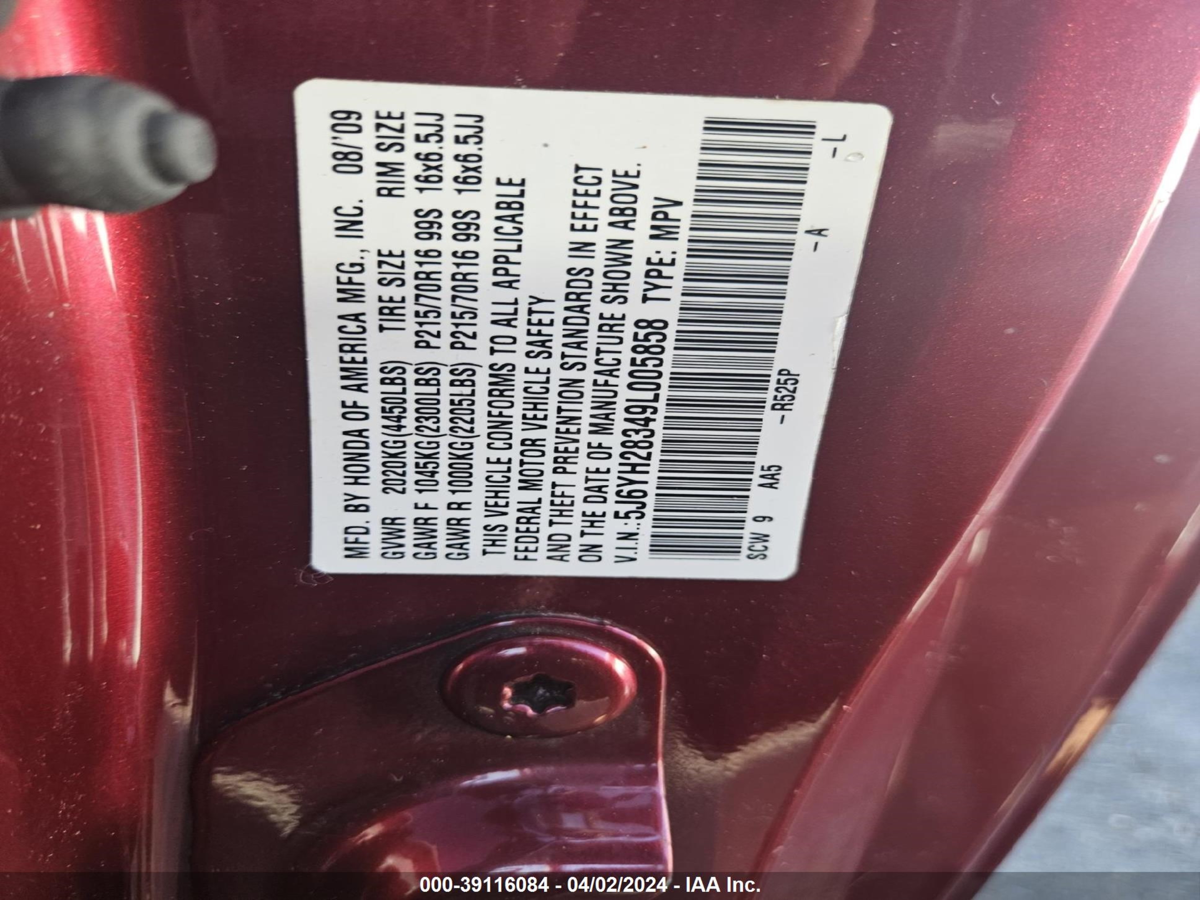 Photo 8 VIN: 5J6YH28349L005858 - HONDA ELEMENT 