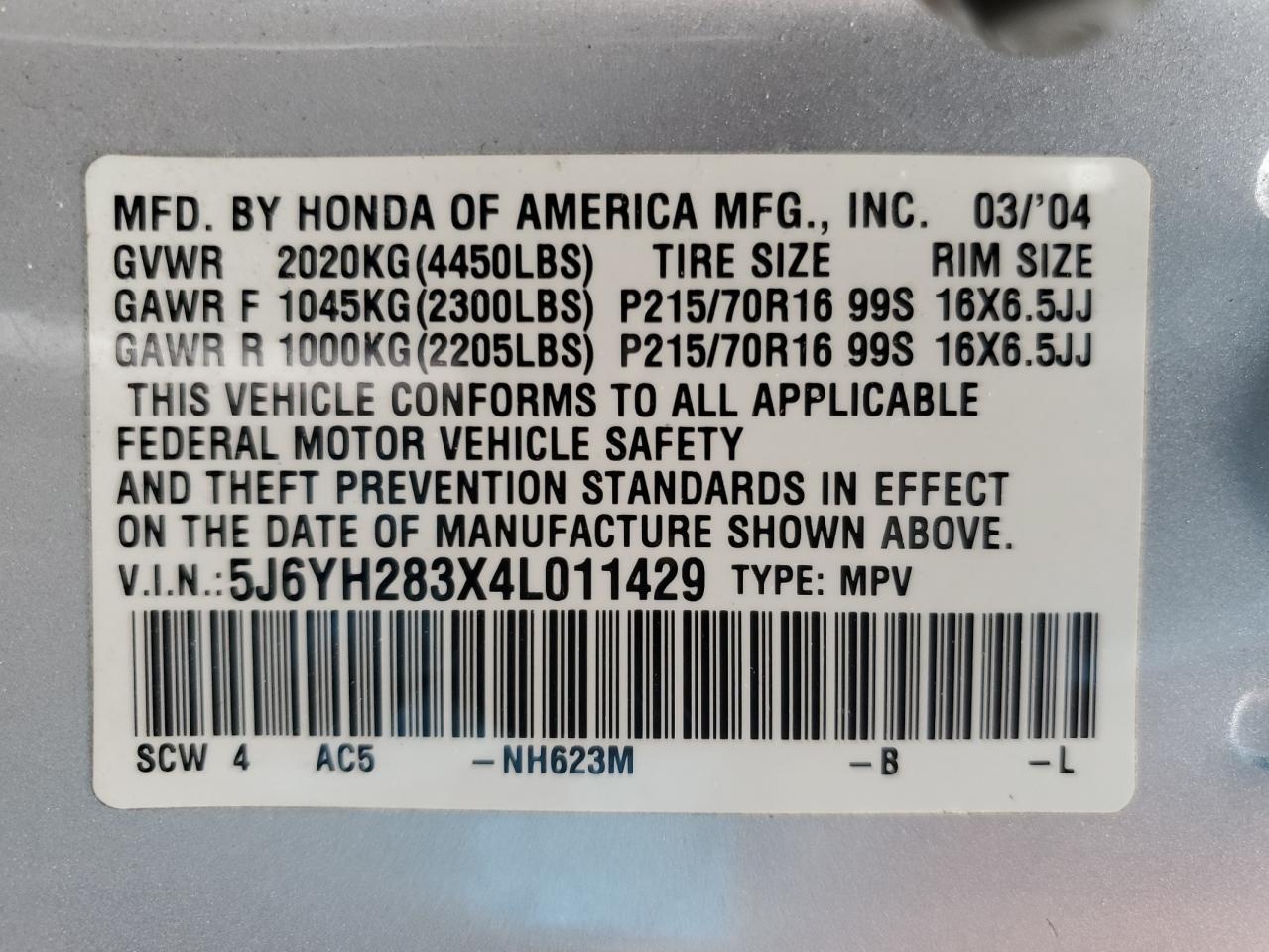 Photo 11 VIN: 5J6YH283X4L011429 - HONDA ELEMENT 