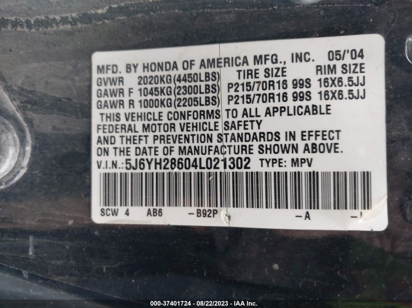 Photo 8 VIN: 5J6YH28604L021302 - HONDA ELEMENT 