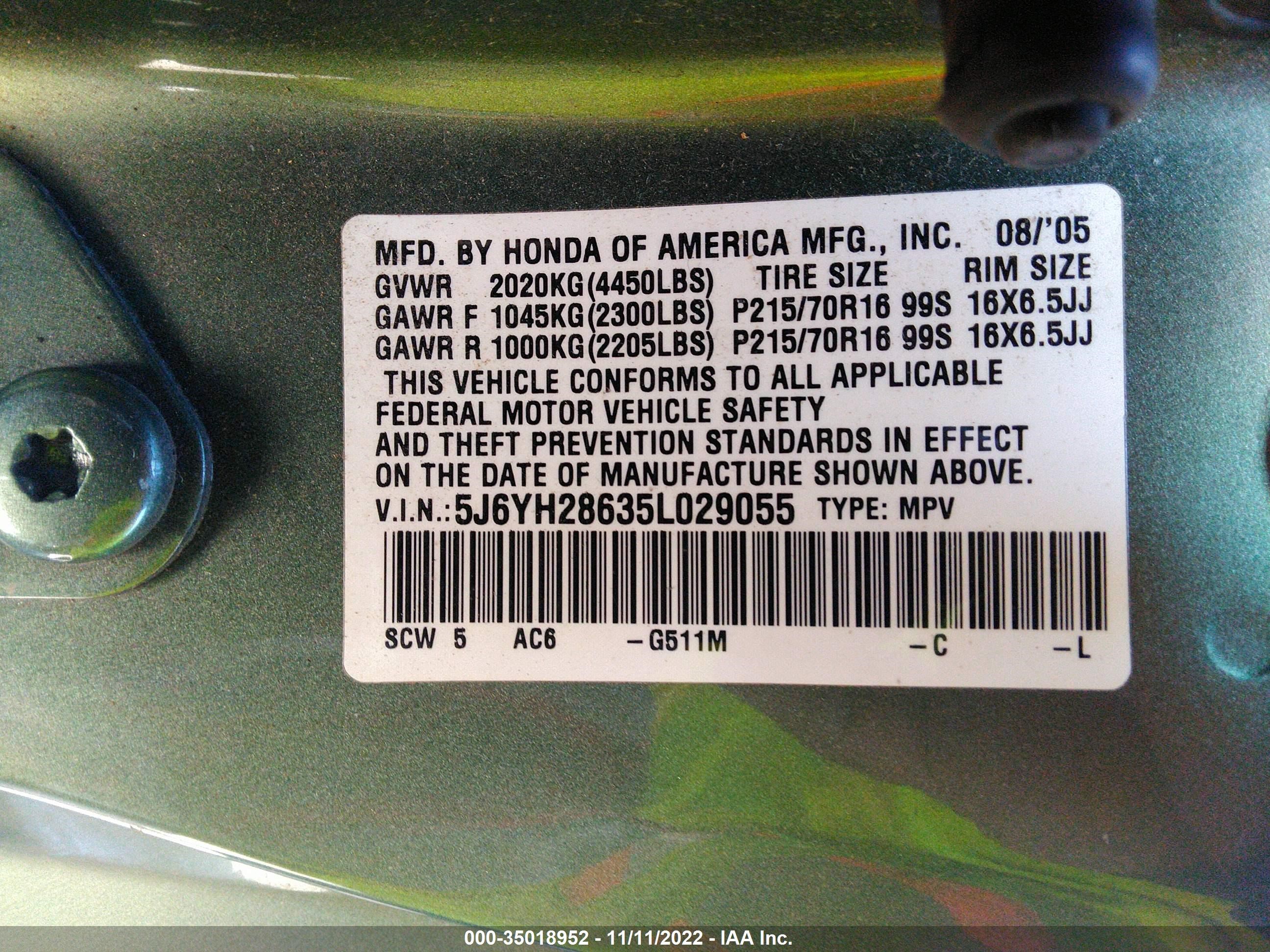 Photo 8 VIN: 5J6YH28635L029055 - HONDA ELEMENT 