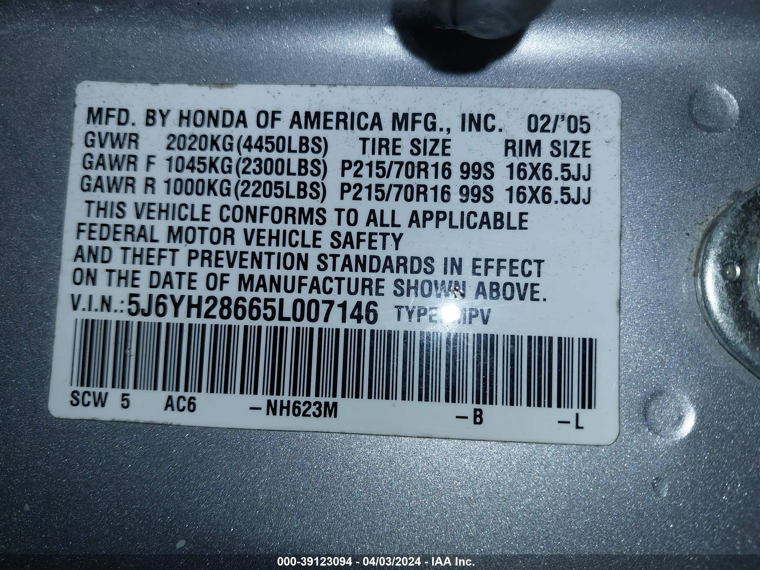 Photo 8 VIN: 5J6YH28665L007146 - HONDA ELEMENT 