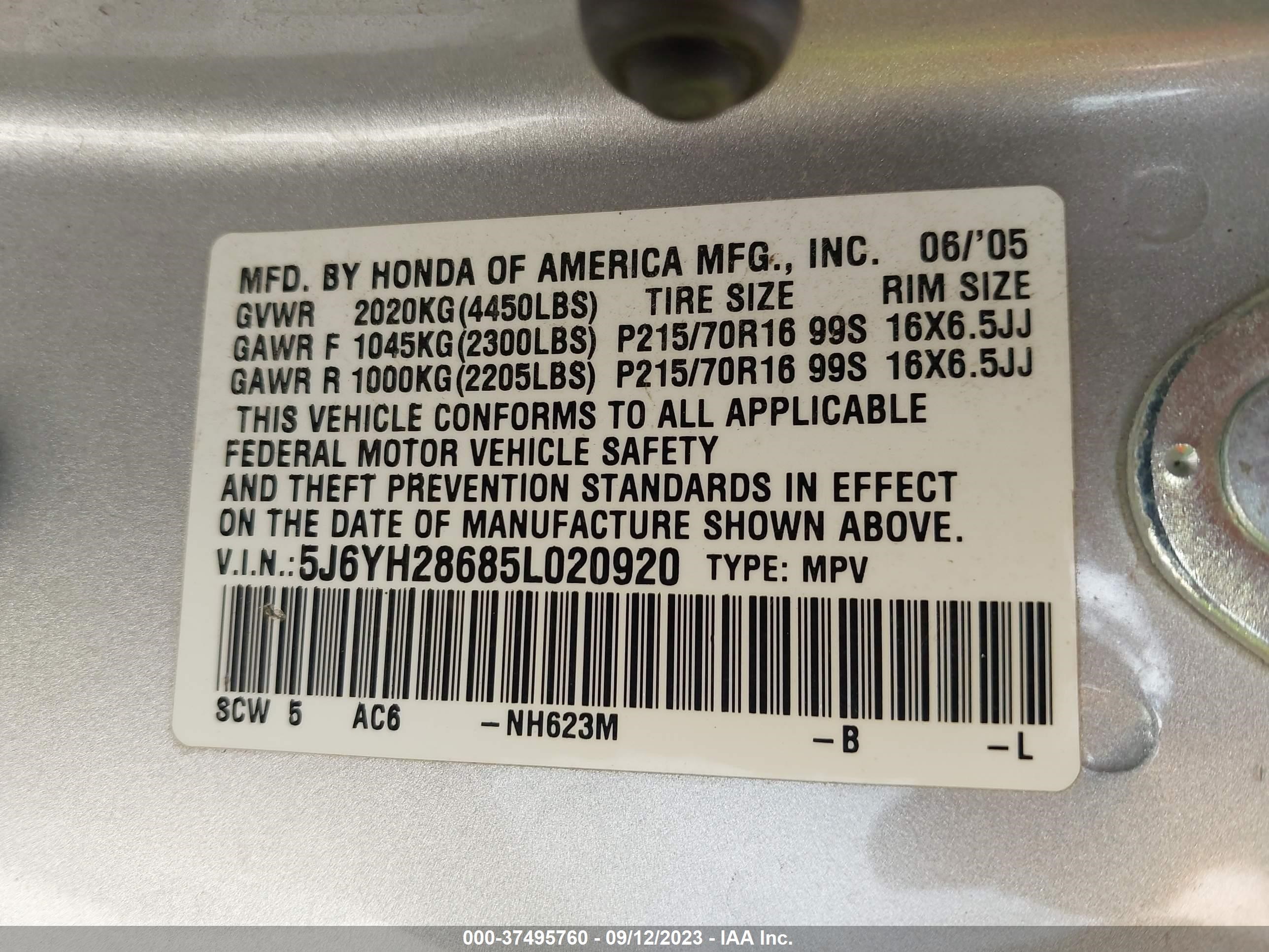 Photo 8 VIN: 5J6YH28685L020920 - HONDA ELEMENT 