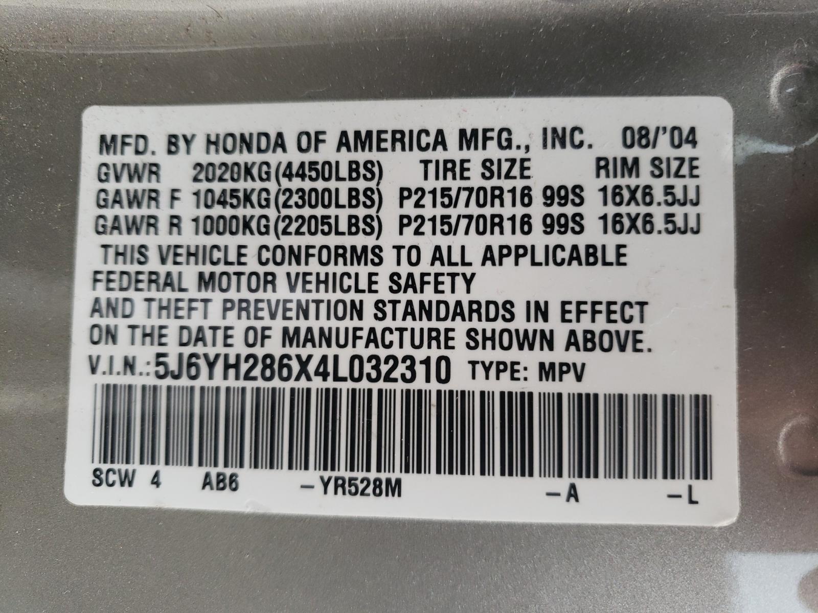 Photo 9 VIN: 5J6YH286X4L032310 - HONDA ELEMENT EX 