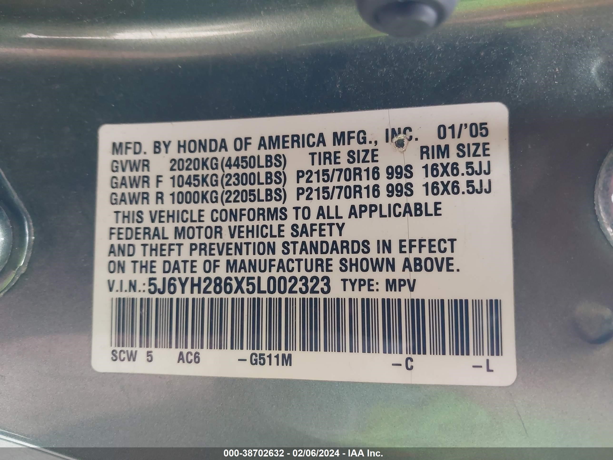 Photo 8 VIN: 5J6YH286X5L002323 - HONDA ELEMENT 