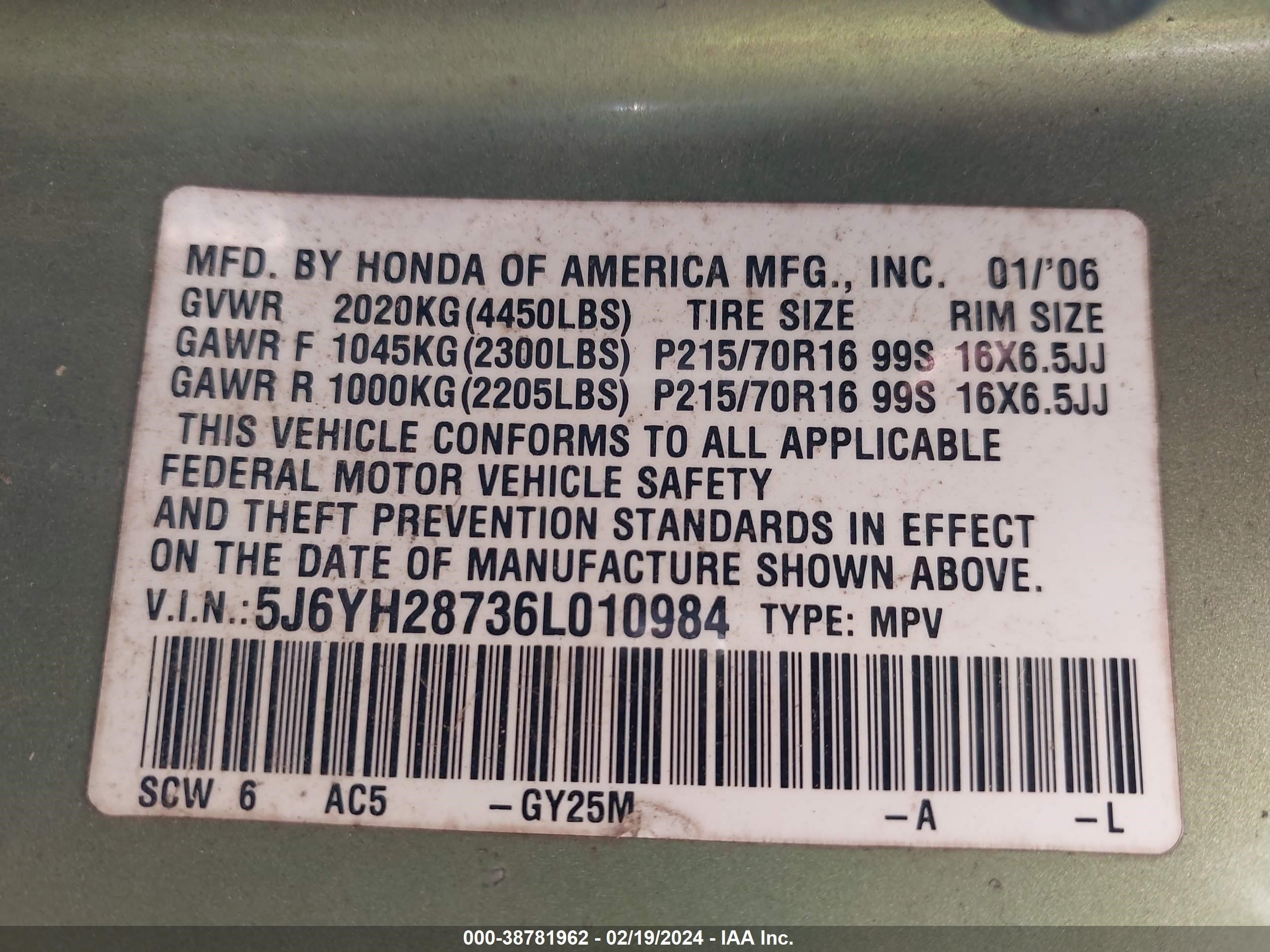 Photo 8 VIN: 5J6YH28736L010984 - HONDA ELEMENT 