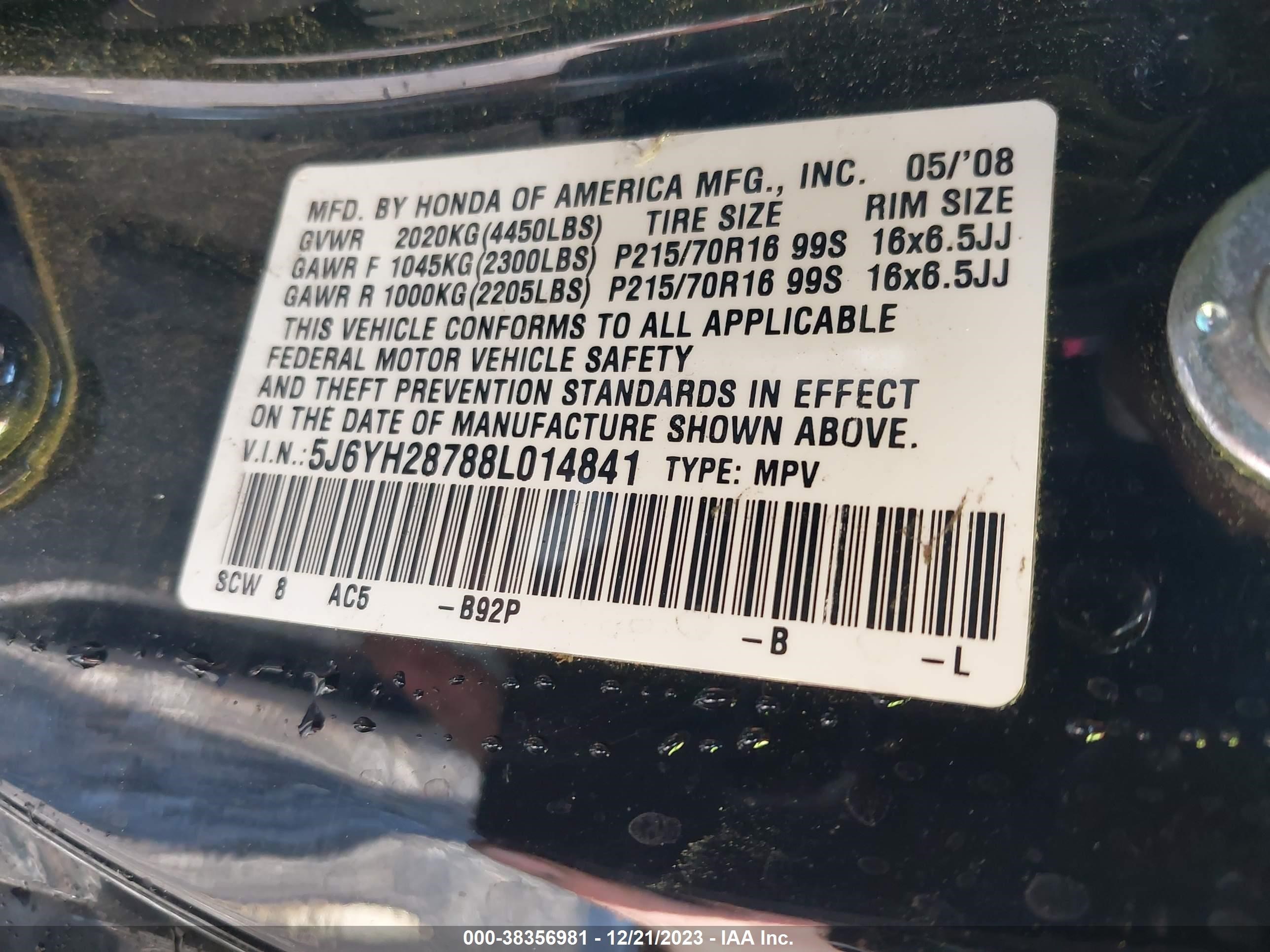 Photo 8 VIN: 5J6YH28788L014841 - HONDA ELEMENT 