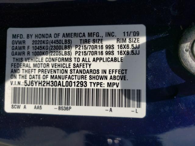 Photo 9 VIN: 5J6YH2H30AL001293 - HONDA ELEMENT LX 