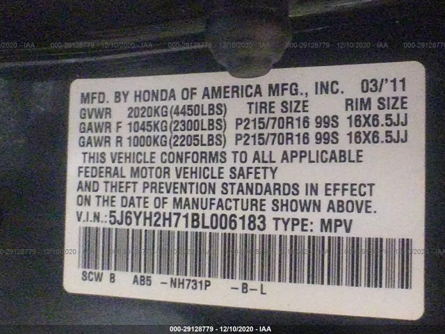 Photo 8 VIN: 5J6YH2H71BL006183 - HONDA ELEMENT 