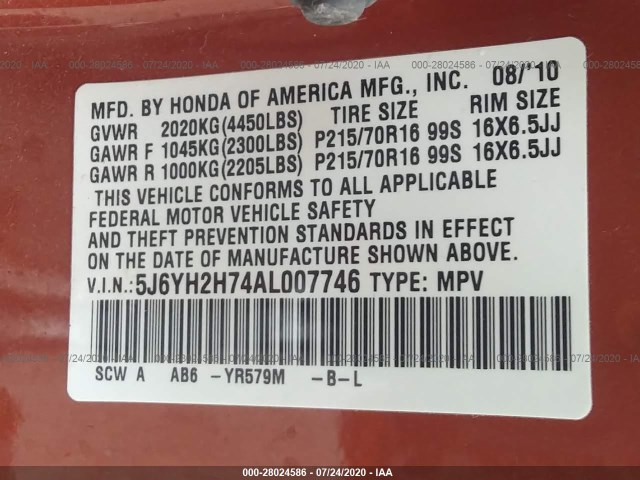 Photo 8 VIN: 5J6YH2H74AL007746 - HONDA ELEMENT 