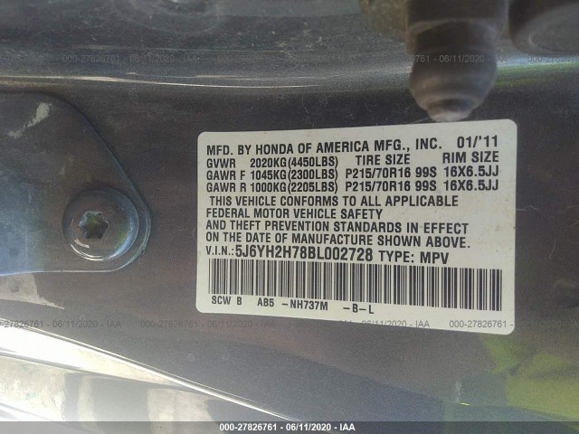 Photo 8 VIN: 5J6YH2H78BL002728 - HONDA ELEMENT 