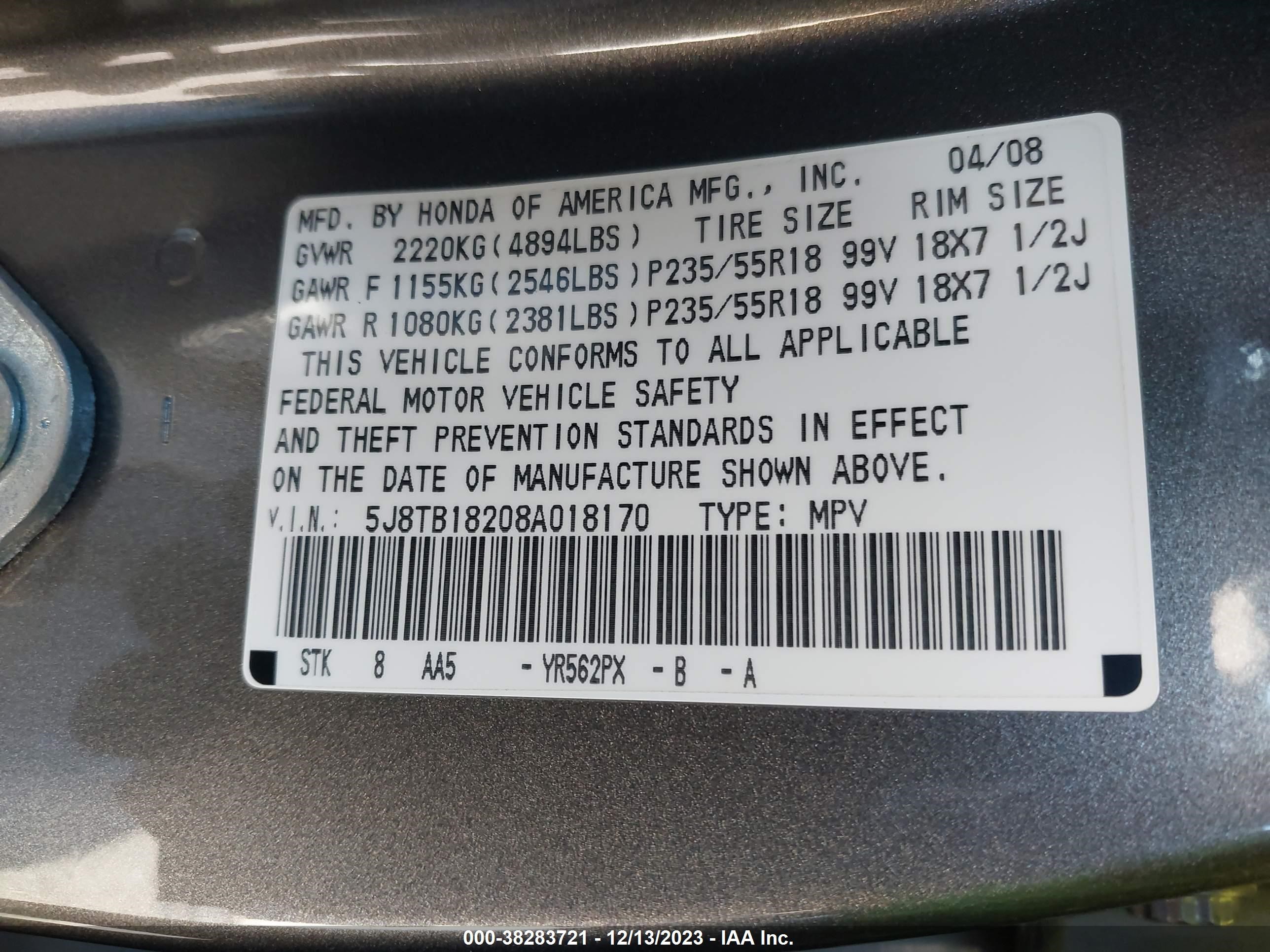 Photo 8 VIN: 5J8TB18208A018170 - ACURA RDX 