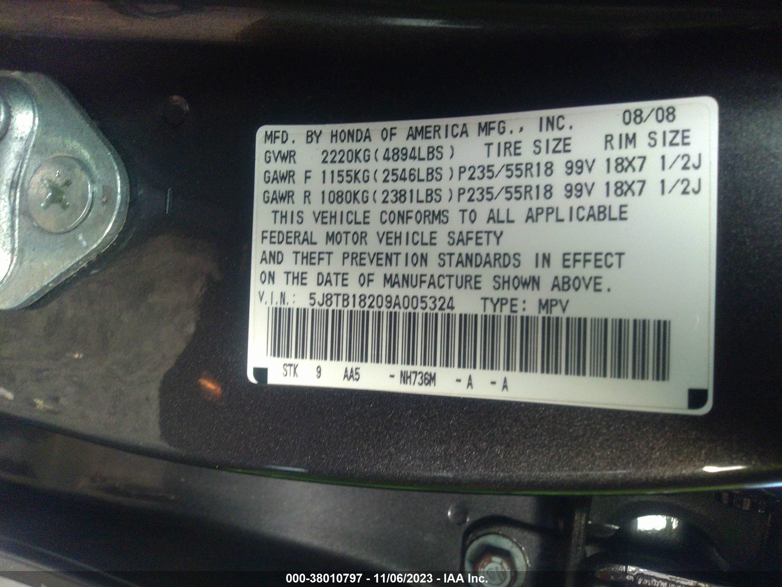 Photo 8 VIN: 5J8TB18209A005324 - ACURA RDX 