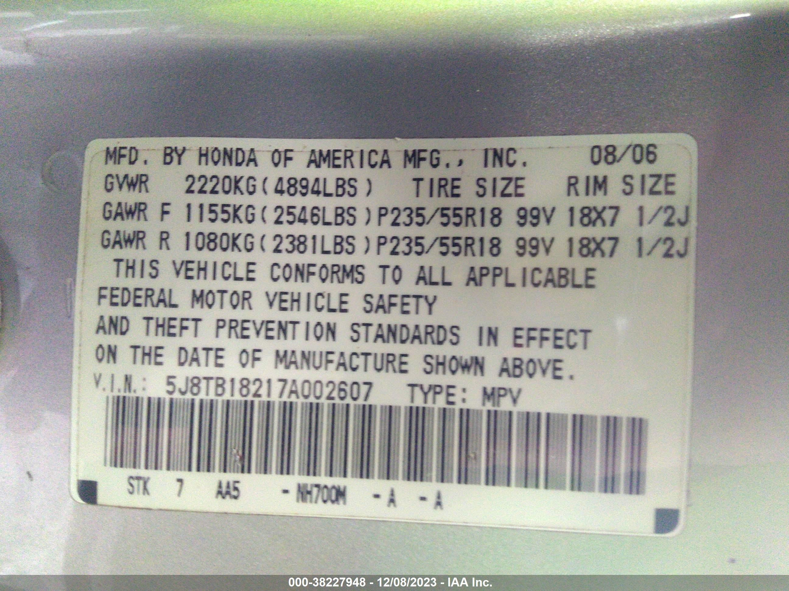 Photo 8 VIN: 5J8TB18217A002607 - ACURA RDX 