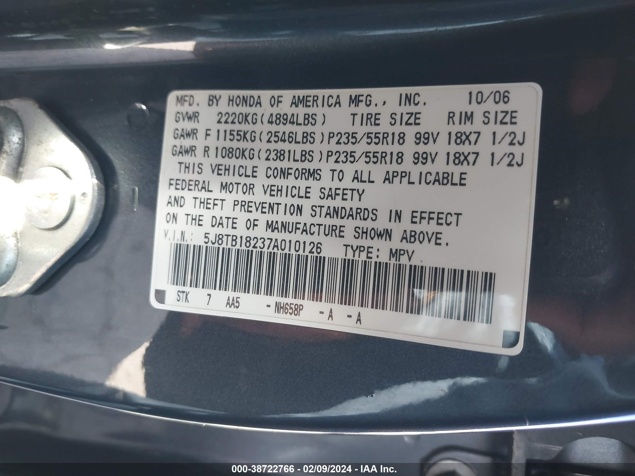 Photo 8 VIN: 5J8TB18237A010126 - ACURA RDX 