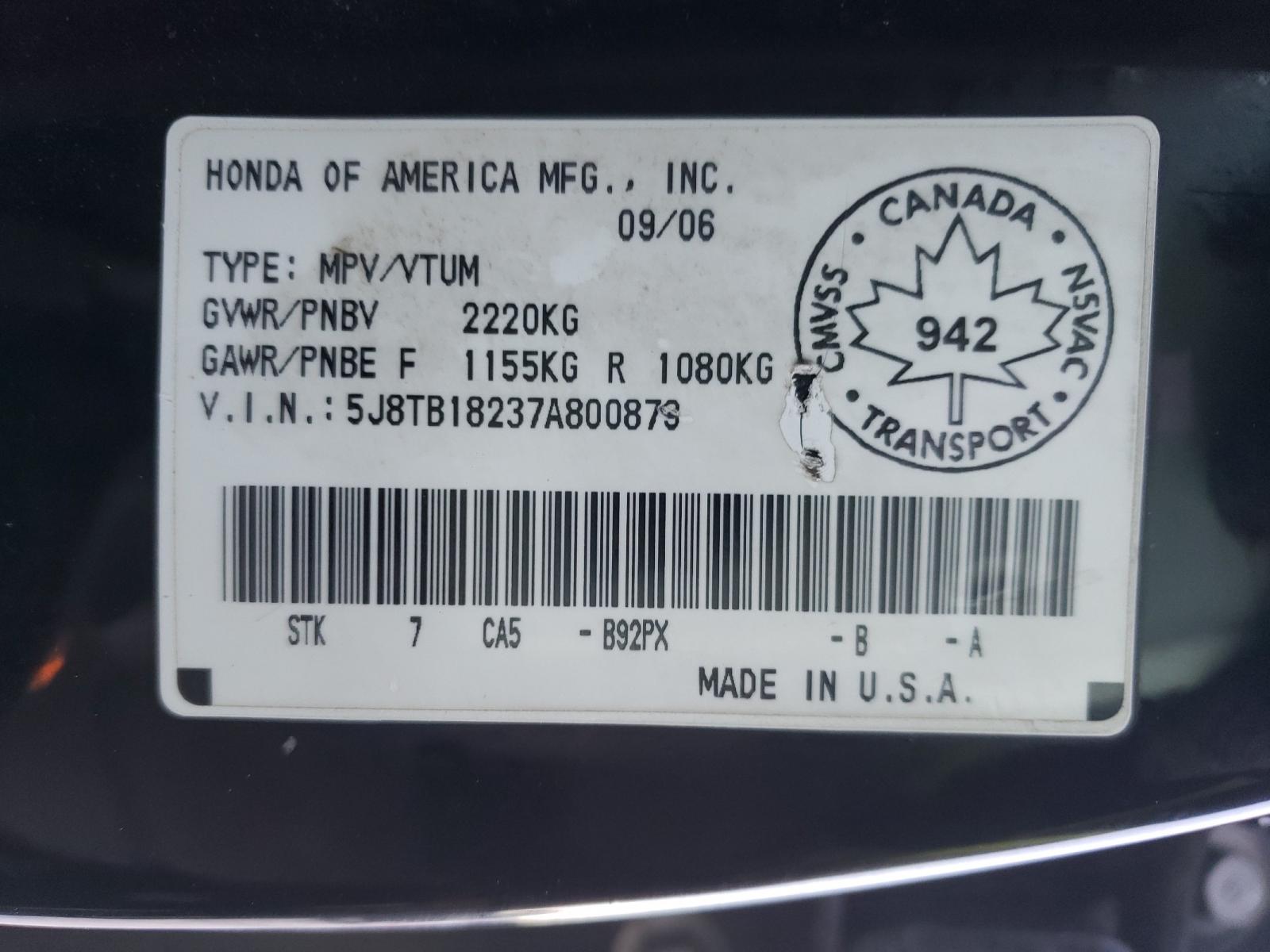 Photo 9 VIN: 5J8TB18237A800879 - ACURA RDX 