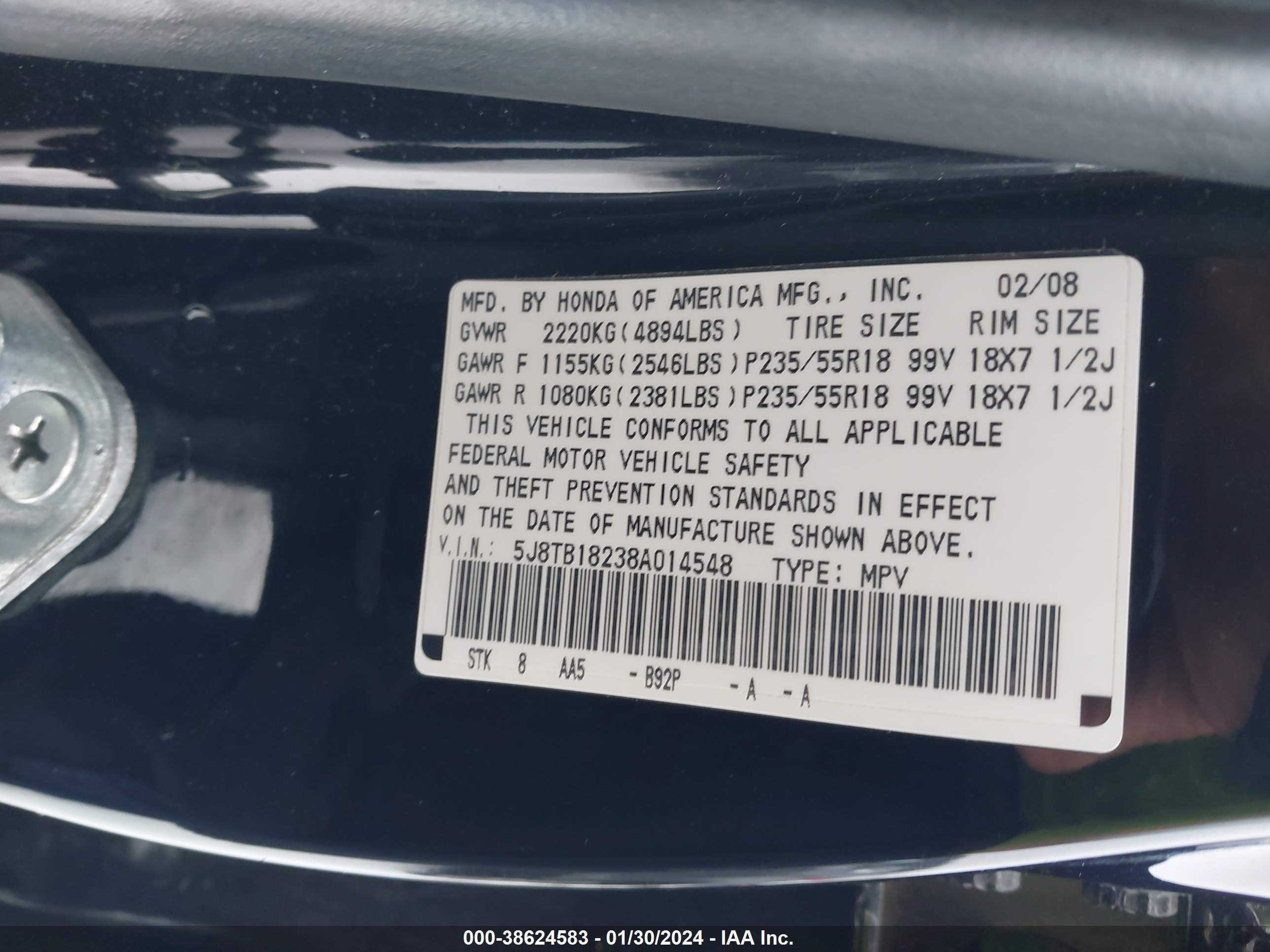 Photo 8 VIN: 5J8TB18238A014548 - ACURA RDX 